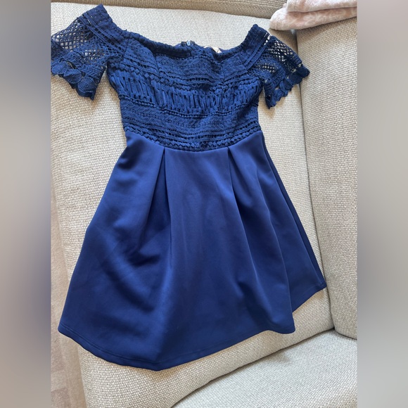 Blue Francesca’s off the sholder (or on) dress. Thick material with knit overlay - Picture 1 of 2